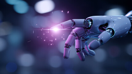 Close-up of a humanoid robot finger gently touching a glowing digital interface