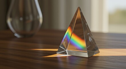 Glass Prism Dispersing Light into Rainbow Spectrum on Wooden Table.