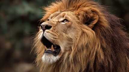 close-up of lion roaring with mane blowing, color tones: golden tawny, dark brown, and savannah tan