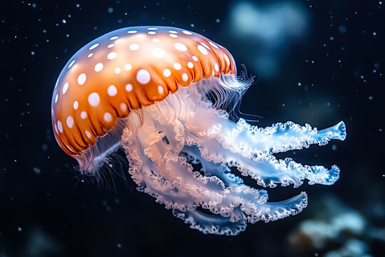 Jellyfish with white and orange spots is floating in the water. The jellyfish is surrounded by a dark blue background