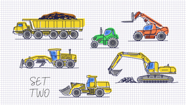 Fototapeta Vector colored doodles. Set of various hand drawn heavy construction vehicles. Quarry dump truck, crane forklift, agricultural tractor, grader, bucket loader and excavator. Simple transport. Part 2