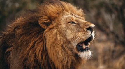 Obraz premium close-up of lion roaring with mane blowing, color tones: golden tawny, dark brown, and savannah tan