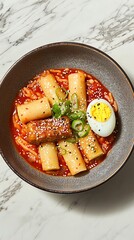 Tteokbokki with Fish Cake and Boiled Egg on minimalist stone table, strong directional light casting sharp shadows, modern fine dining aesthetic