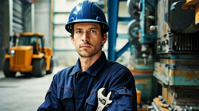 Confident male engineer in protective gear poses within a bustling industrial setting.