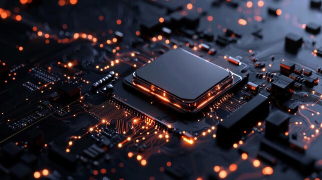 Close-up of a computer motherboard with a cpu on top. the cpu is black in color and has a rectangular shape with a flat top.