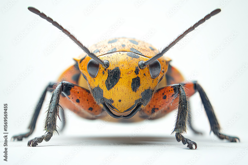 Poster bug with a smile on its face. the bug is yellow and black. it is standing on a white background