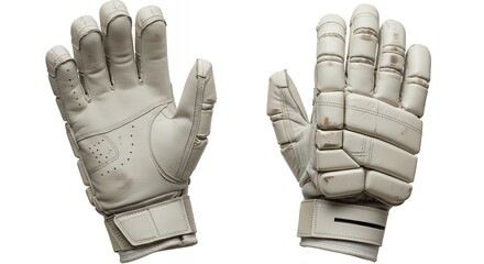 Pair of white cricket batting gloves for sports protection and game equipment isolated on a white background