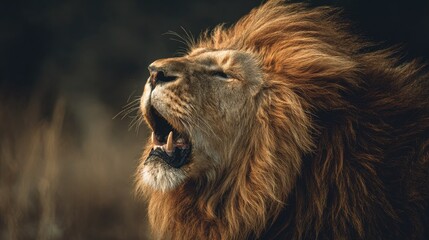 Fototapeta premium close-up of lion roaring with mane blowing, color tones: golden tawny, dark brown, and savannah tan
