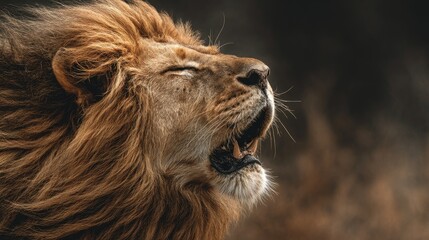 Naklejka premium close-up of lion roaring with mane blowing, color tones: golden tawny, dark brown, and savannah tan
