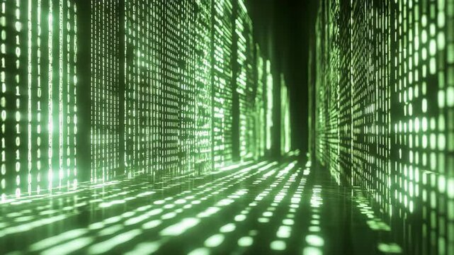 Cyber realm with green digital information streaming through data streams, depicting a digital universe or metaverse with coded structures in a futuristic computer-generated scene.