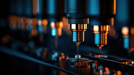 Close-up of a cnc (computer numerical control) machine in action. the machine is in the process of cutting a piece of metal with a drill bit.