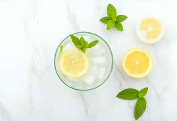 Flat lay of glass filled with lemon slices, mint leaves, and cold water, placed on white marble background. Minimalist summer drink concept with clarity and freshness.