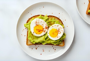 Flat lay of sourdough toast with mashed avocado and poached egg on top, sprinkled with chili flakes. Clean white plate and background, healthy brunch theme.