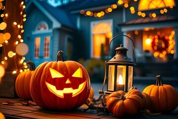 Fototapeta premium Cozy Halloween Porch with Glowing Jack-o'-Lantern, Pumpkins, and Lantern Light