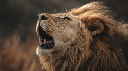 Fototapeta premium close-up of lion roaring with mane blowing, color tones: golden tawny, dark brown, and savannah tan