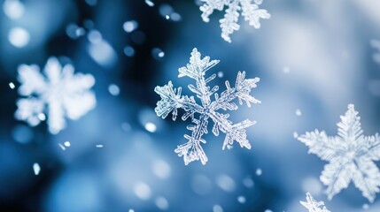 Macro photograph of intricate snowflakes against a soft, blurred blue background