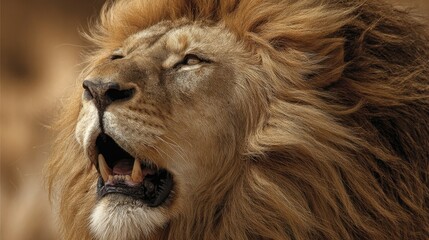 Naklejka premium close-up of lion roaring with mane blowing, color tones: golden tawny, dark brown, and savannah tan
