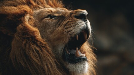 Naklejka premium close-up of lion roaring with mane blowing, color tones: golden tawny, dark brown, and savannah tan