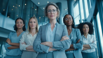 Confident Multicultural Businesswomen Standing Together in Modern Office