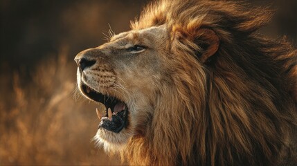 Fototapeta premium close-up of lion roaring with mane blowing, color tones: golden tawny, dark brown, and savannah tan