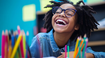 A happy African American girl with glasses laughs at her desk with colored pencils nearby. A cheerful student enjoying schoolwork.
