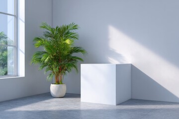 Interior space with palm tree in pot and white cube near window light