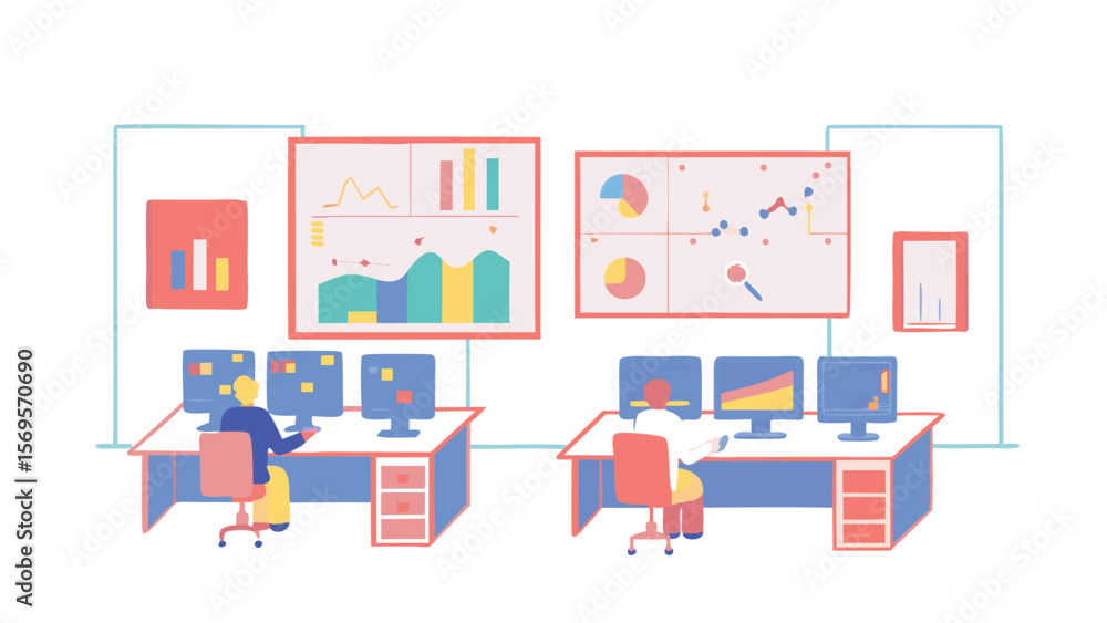 Poster two offices with people working at desks with multiple monitors and data charts on the wall behind t