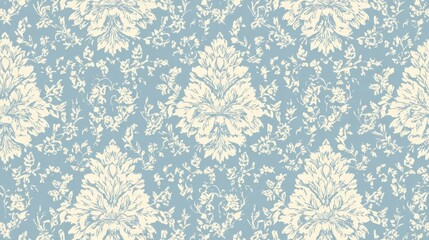 Elegant light blue damask pattern with intricate white floral elements, delivering refined decorative backdrop for wallcoverings, fabric design, and professional stationery