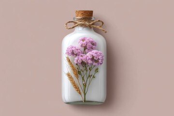 Still life of a white bottle with flowers and wheat on a pink background