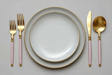 Overhead view of two plates with gold cutlery on a neutral background