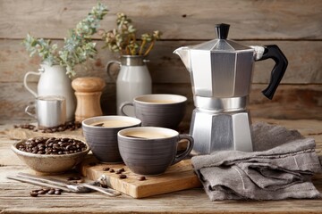 Stylish coffee setup featuring a moka pot, three cups of freshly brewed espresso, coffee beans, and rustic wooden background with decorative elements for a cozy atmosphere.