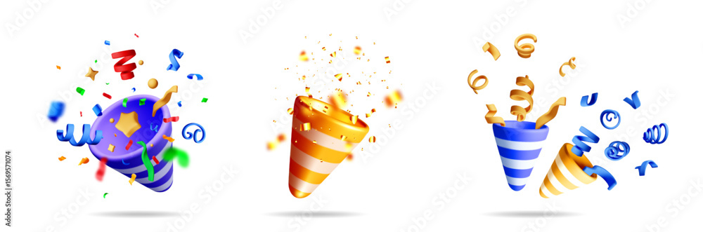 Poster 3d vector collection of three party poppers with exploding colorful confetti and ribbons for celebra