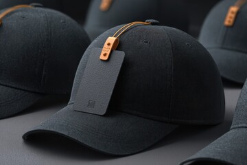 A close up of several dark caps with tags on a neutral background