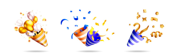 3d vector stock set of party poppers with balloons, confetti, and ribbons. Celebrate birthday, Christmas, New year.