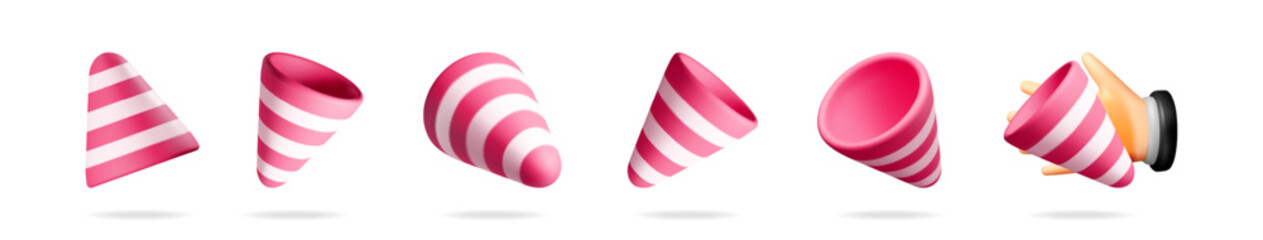 Set of red and white striped party poppers in 3d vector style for celebration event. Holiday cone for social media posts.