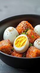 Tteokbokki with Fish Cake and Boiled Egg with dramatic highangle spotlight, textures emphasized through oil shine and vibrant sauce gradient