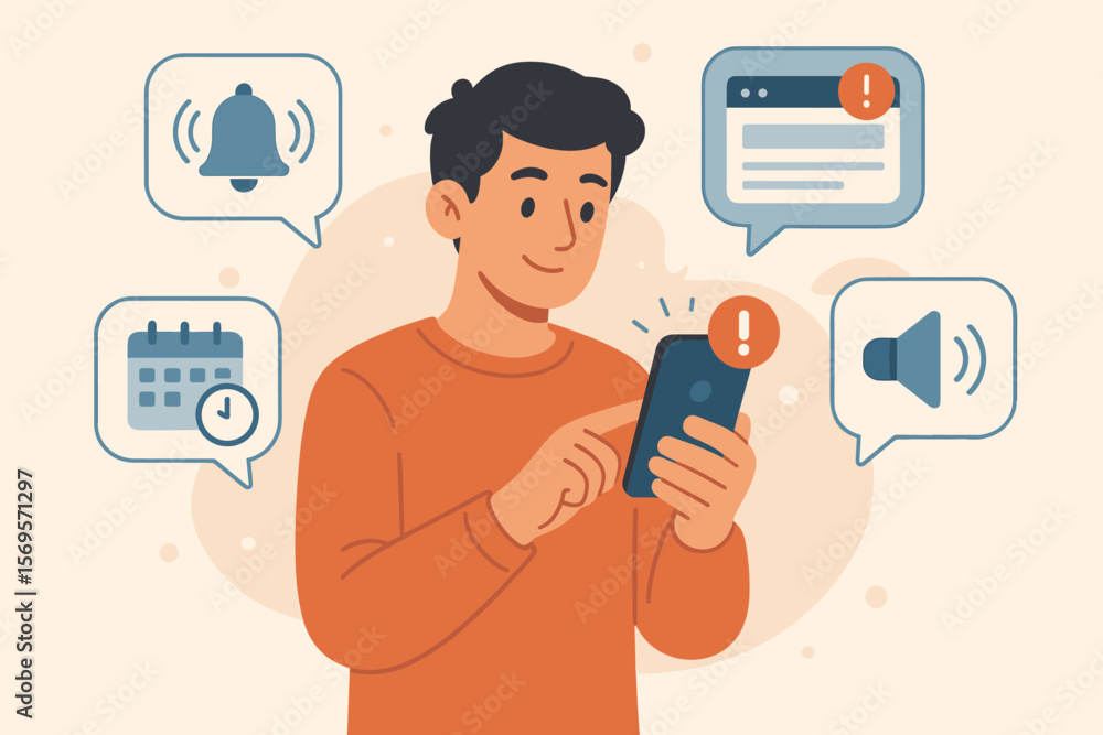 Fototapete alert notification concept with a man using a smartphone. push notifications, web reminders, schedul