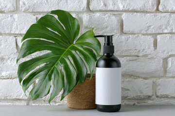 Black bottle with blank label next to monstera plant against brick wall
