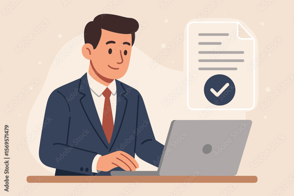 Poster rfp request for proposal concept. businessman using laptop gets document approval. contract agreemen