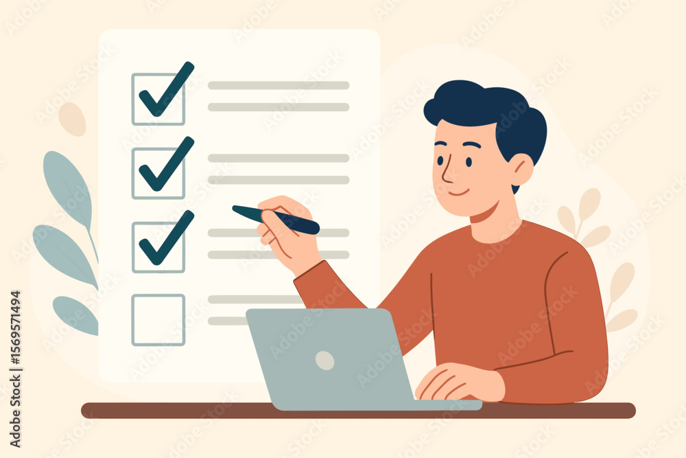 Poster checklist concept with man checking mark on to-do list. business person or student at laptop complet