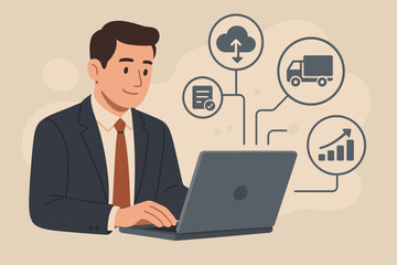 EDI, Electronic Data Interchange concept. Businessman uses laptop for supply chain management, logistics, and data exchange. Business process automation. Flat vector illustration.