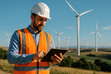 Wind Turbine Inspection: An engineer diligently examines data on a tablet device, overseeing the sustainable operation of a wind farm, blending human expertise with renewable energy