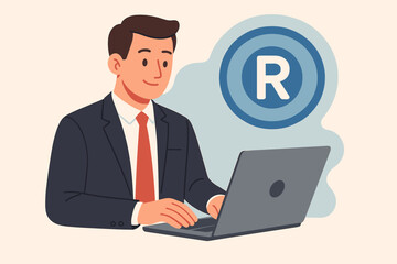 Businessman working on laptop with registered trademark symbol, intellectual property concept, digital business technology, brand protection, modern flat vector illustration