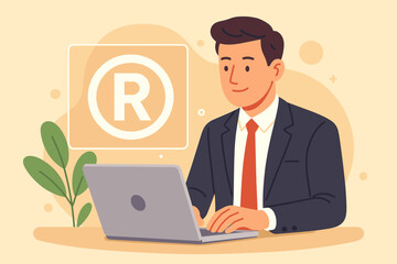 Intellectual property concept. Businessman working on laptop. Register trademark and logo protection. Brand identity, copyright, and patent law. Flat vector cartoon illustration.