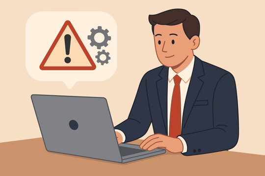 Incident management concept. IT professional resolving system error on laptop computer. Businessman diagnosing technical problem. Warning, alert icon. Flat vector illustration.