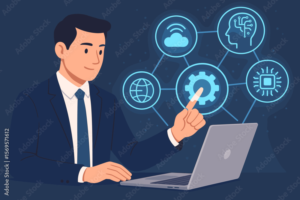Aufkleber digital transformation concept. businessman uses laptop with futuristic interface. ai, iot, cloud co