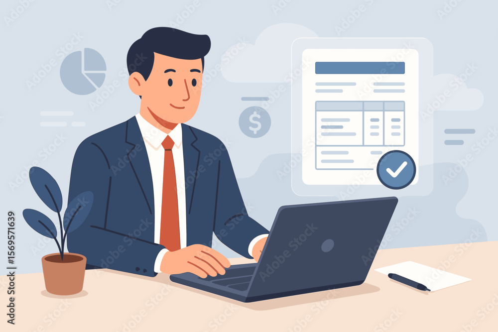 Aufkleber e-invoice and online digital statement concept. businessman at desk using computer for digital payme