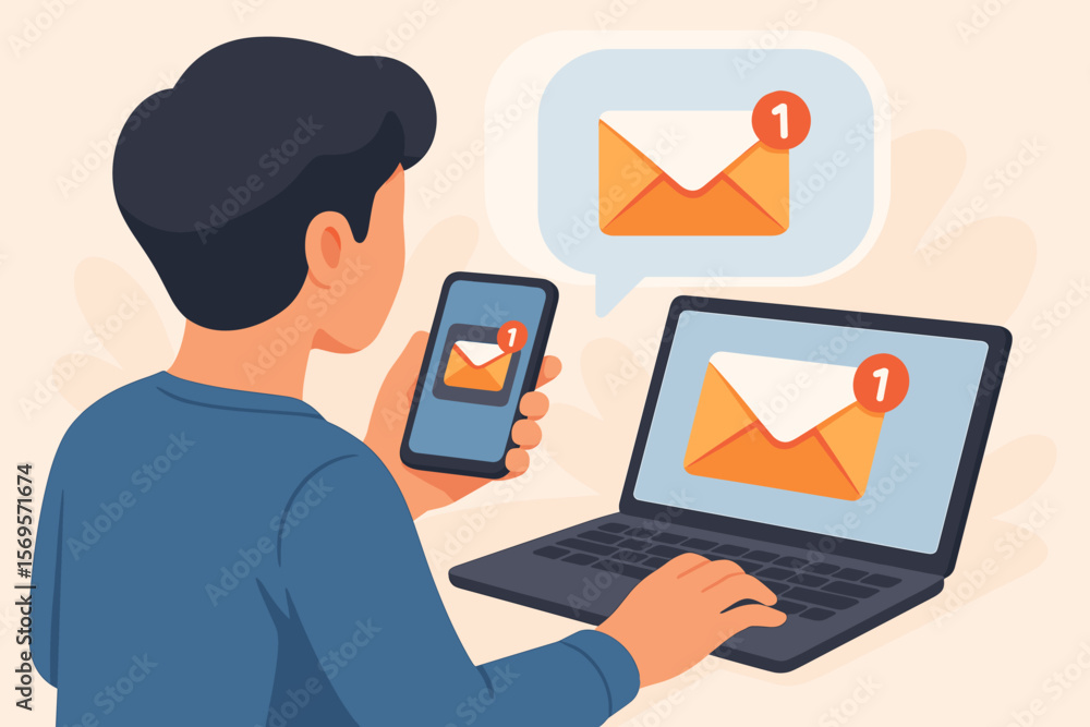 Fototapete email notification concept with man using smartphone and laptop. new message alert in inbox. digital