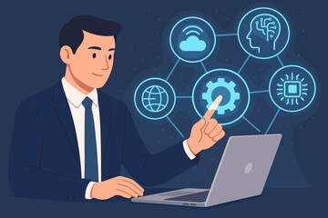 Digital transformation concept. Businessman uses laptop with futuristic interface. AI, IoT, cloud computing, automation icons for global business strategy and network innovation.