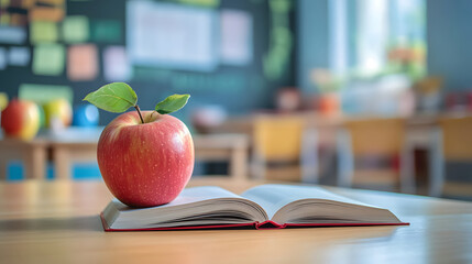 Red apple on a book in a classroom setting. Teacher's desk with school supplies.